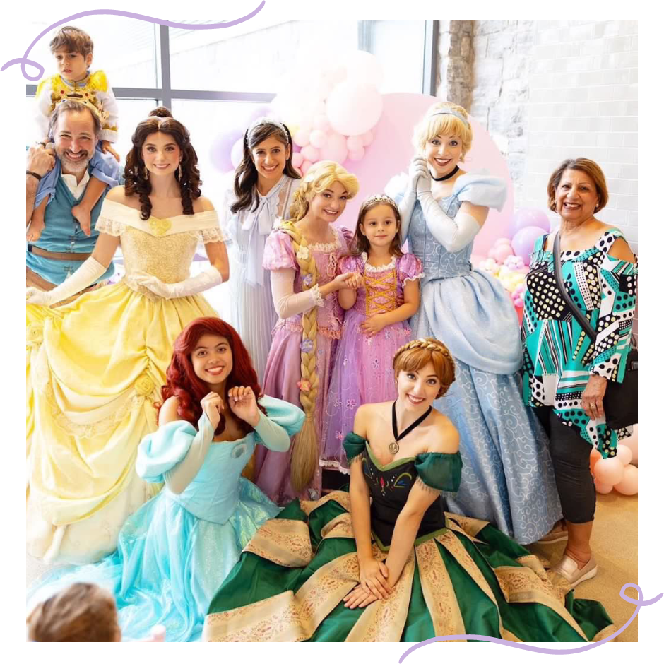 Ariel, Rapunzel, Anna, Belle, and Cinderella at a royal princess party in NYC for 4 year old